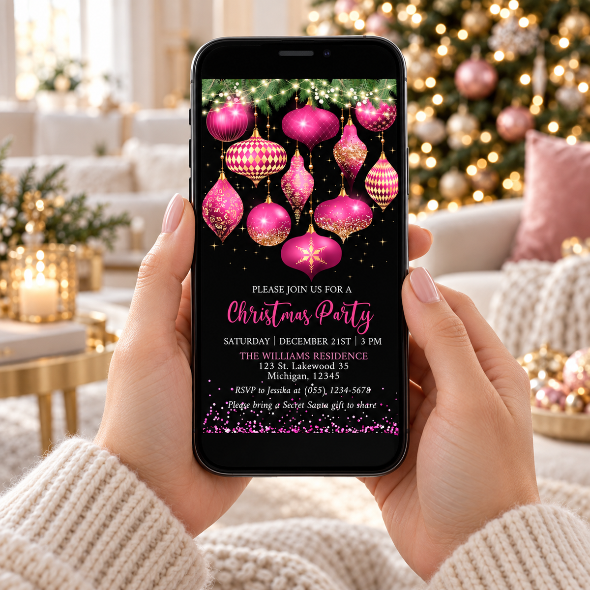 Hot Pink and Gold Ornaments Christmas Party Invitation displayed on a phone during a festive setting.