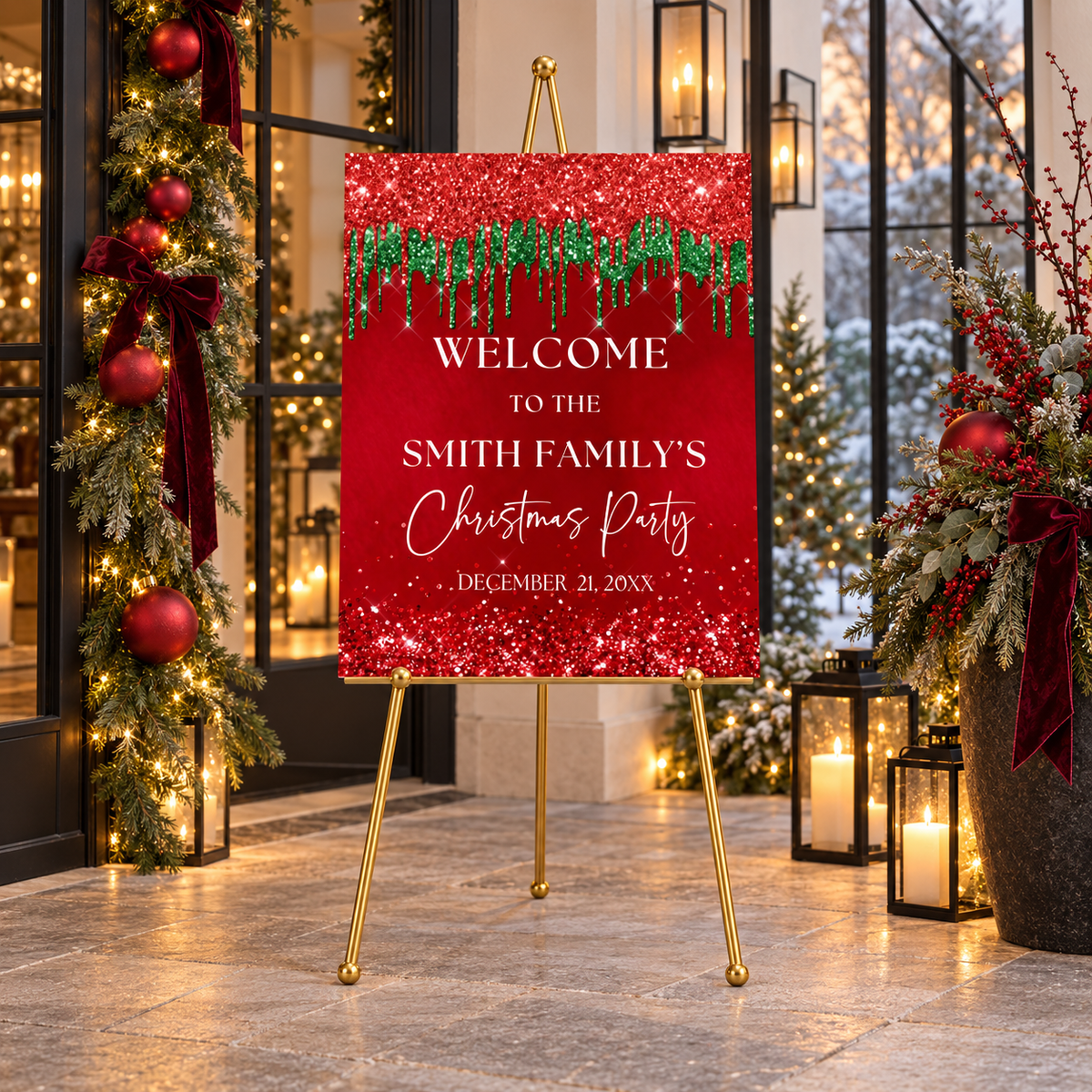 Red and Green Christmas Party Welcome Sign with festive decorations for a joyful holiday celebration.