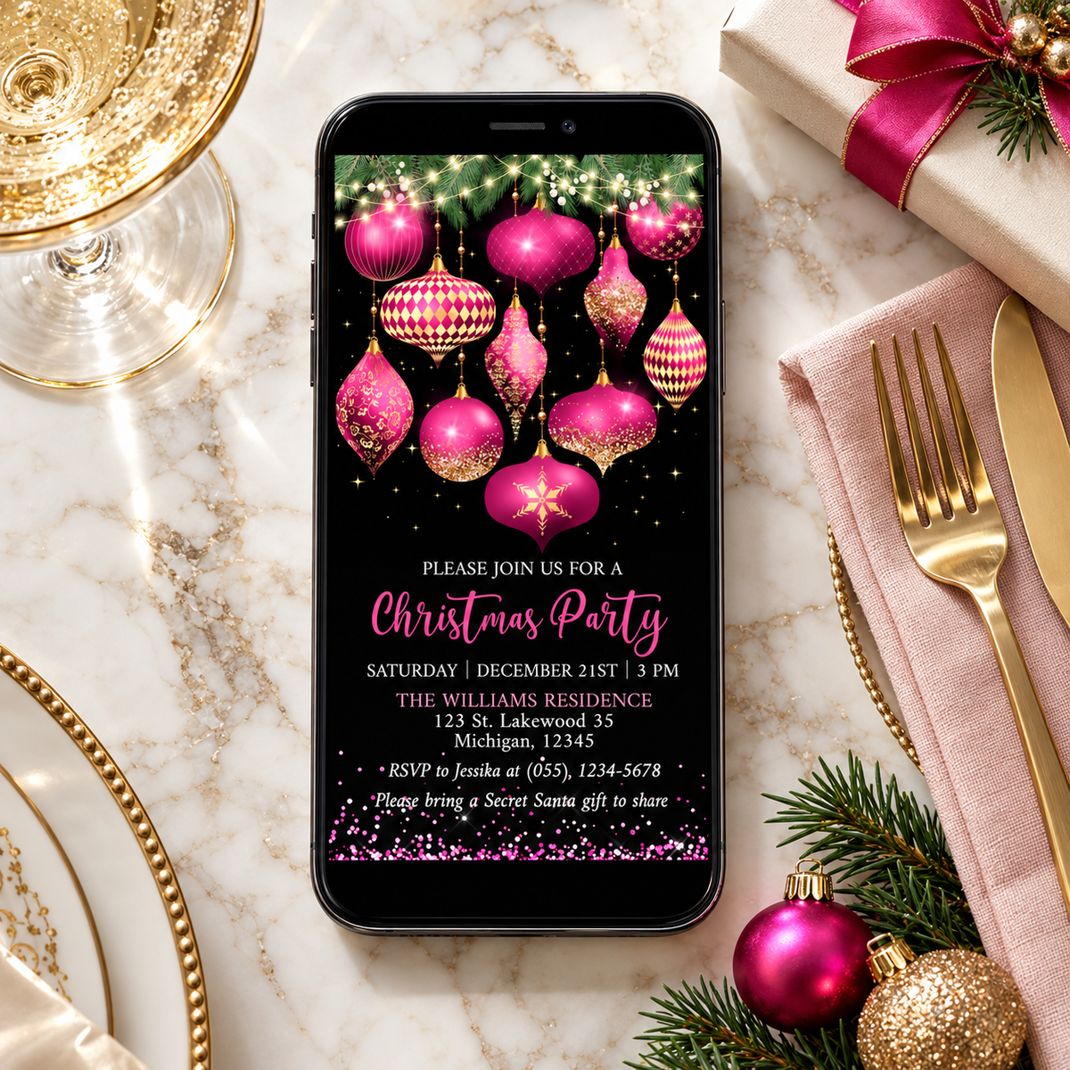 Hot Pink and Gold Ornaments Christmas Party Invitation displayed on a smartphone with festive decor.