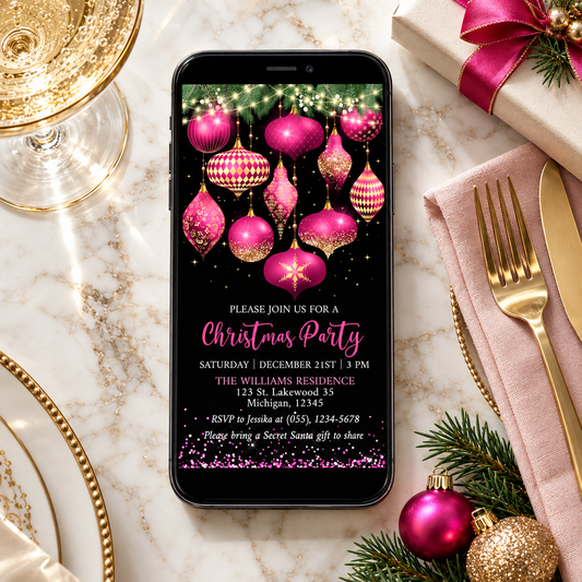 Hot Pink and Gold Ornaments Christmas Party Invitation displayed on a smartphone with festive decor.