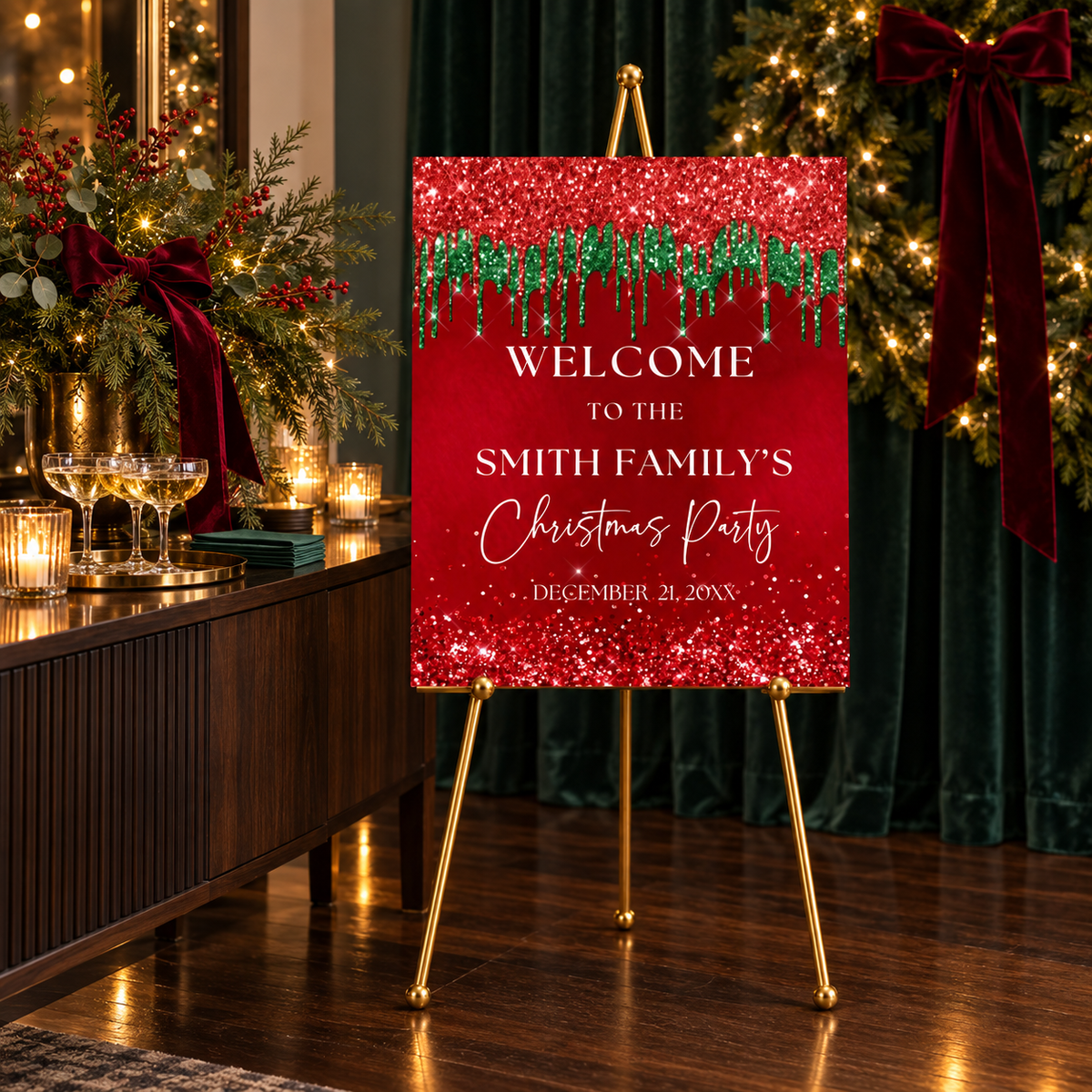 Red and Green Christmas Party Welcome Sign displayed at a festive Christmas party with sparkling decorations.