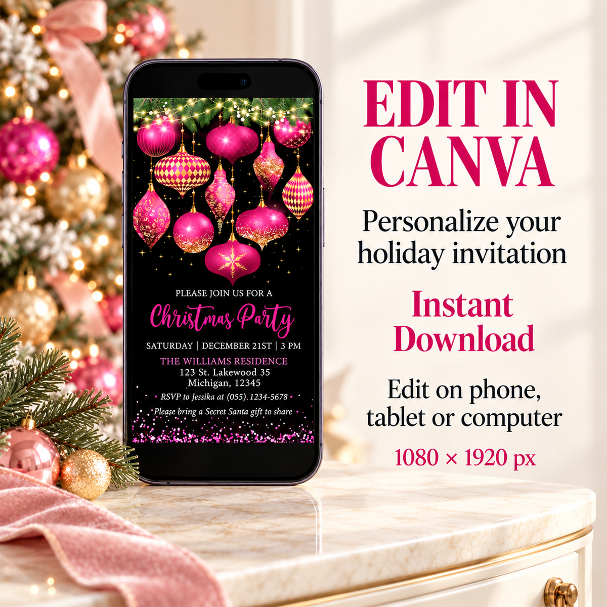 Hot Pink and Gold Ornaments Christmas Party Invitation showcasing vibrant pink ornaments and gold accents for festive celebrations.
