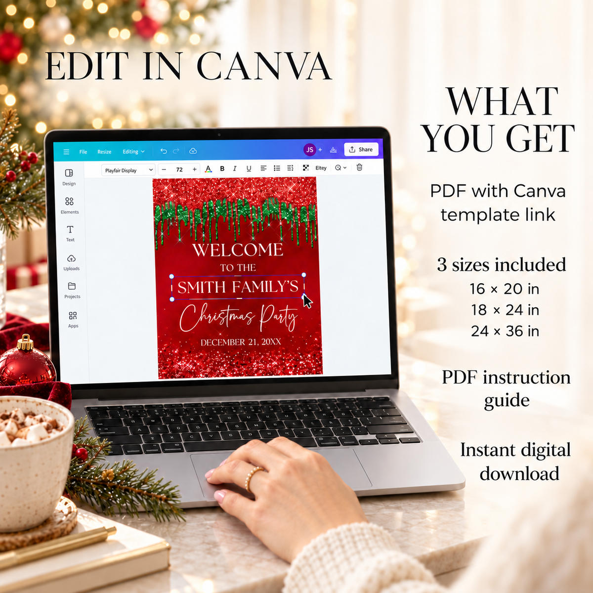 Red and Green Christmas Party Welcome Sign displayed on a laptop in a festive setting.