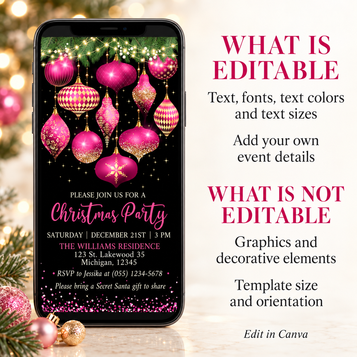Hot Pink and Gold Ornaments Christmas Party Invitation displayed on smartphone with festive elements and editable details.