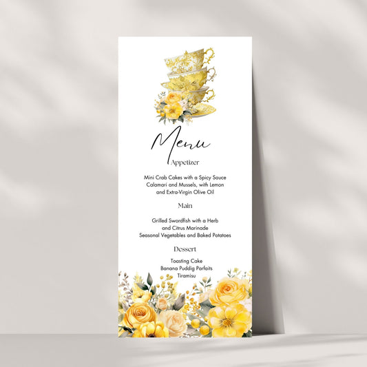 Tea party Menu card with yellow floral  and cup design on a white background
