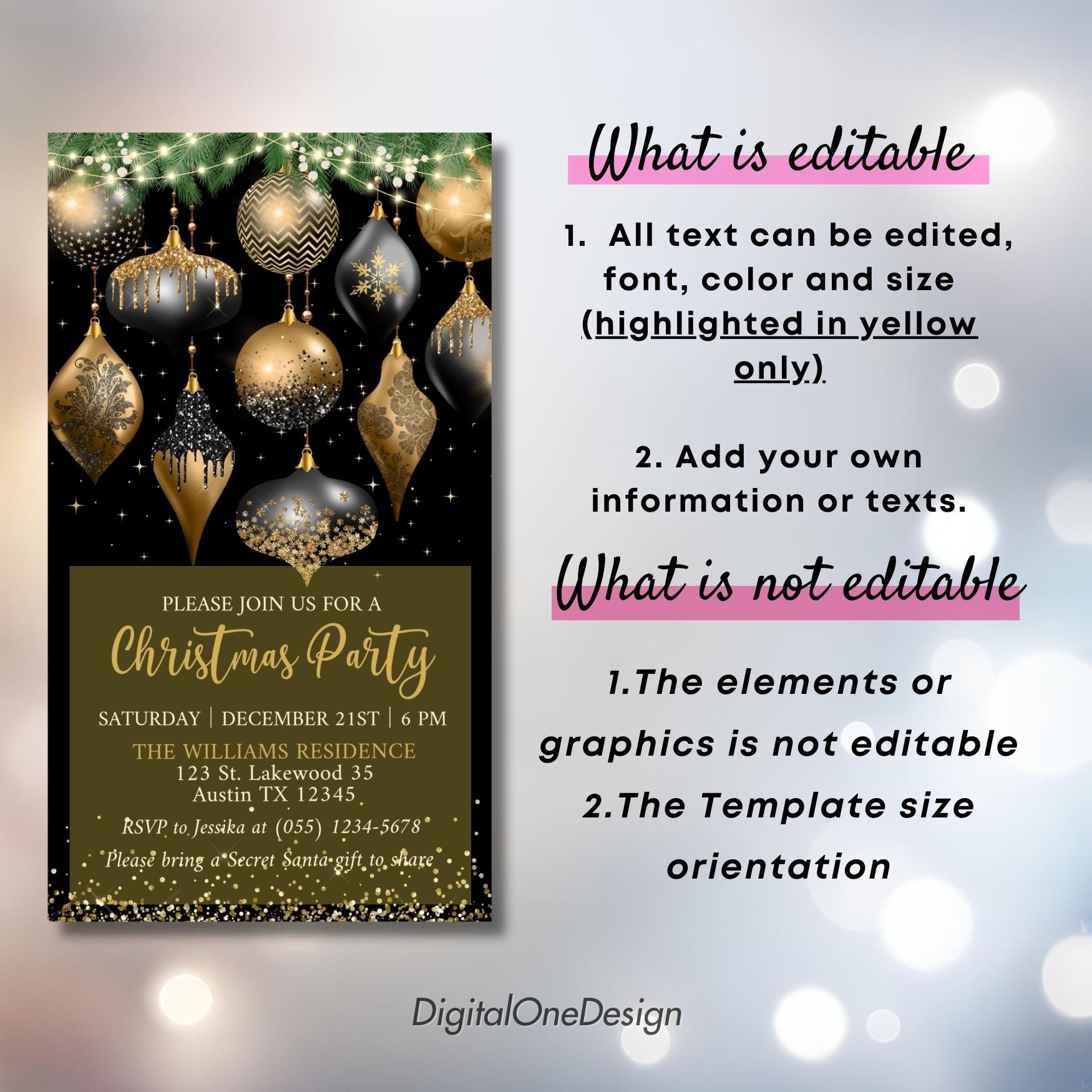 Digital Christmas party invitation Template with editable text on a festive background