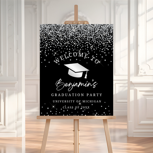 Black and Silver glitter graduation party welcome sign
