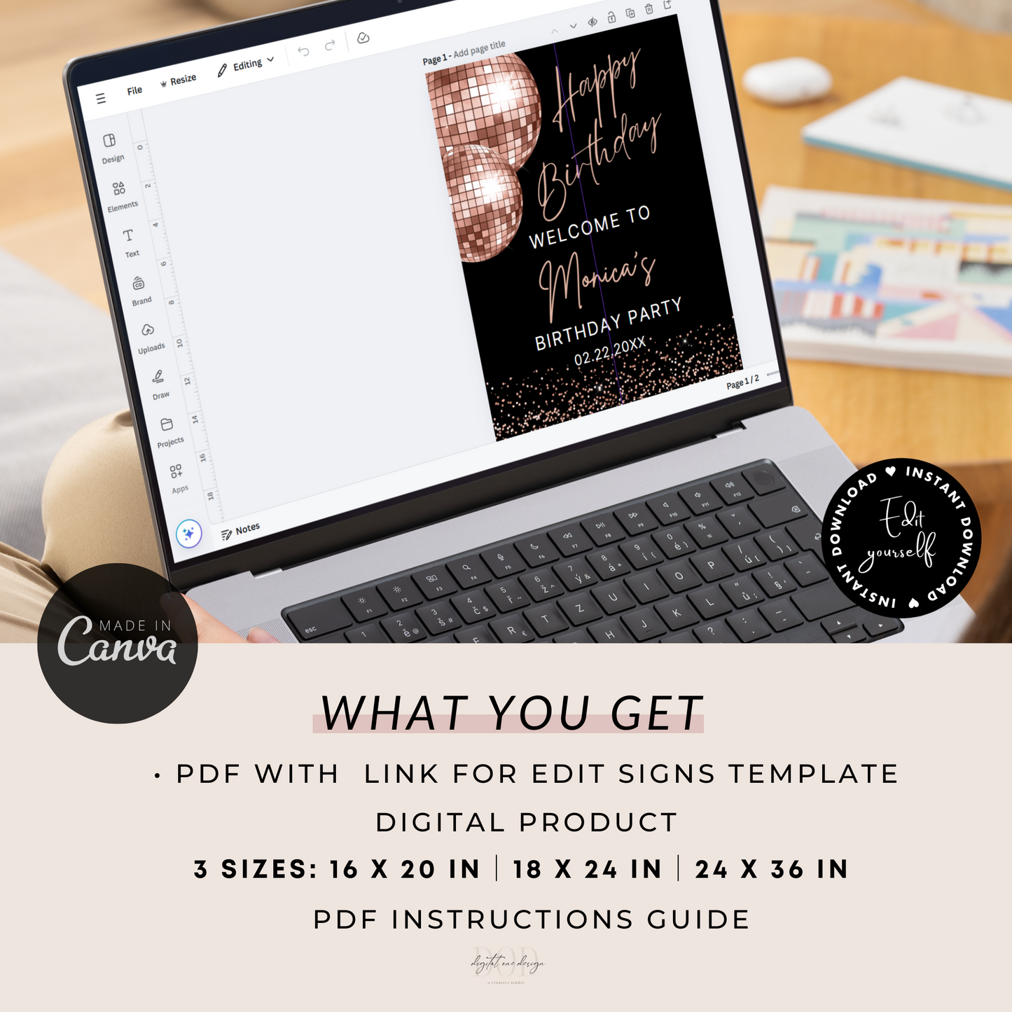 Rose Gold Disco Ball Birthday Welcome Sign, Editable Retro Party Poster, Glam Rose Gold & Black Birthday Sign, Instant Download