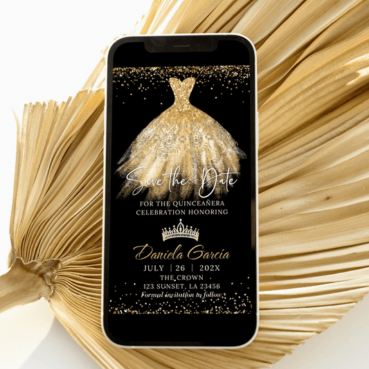 Gold Glitter Quinceañera Save The Date Invitation