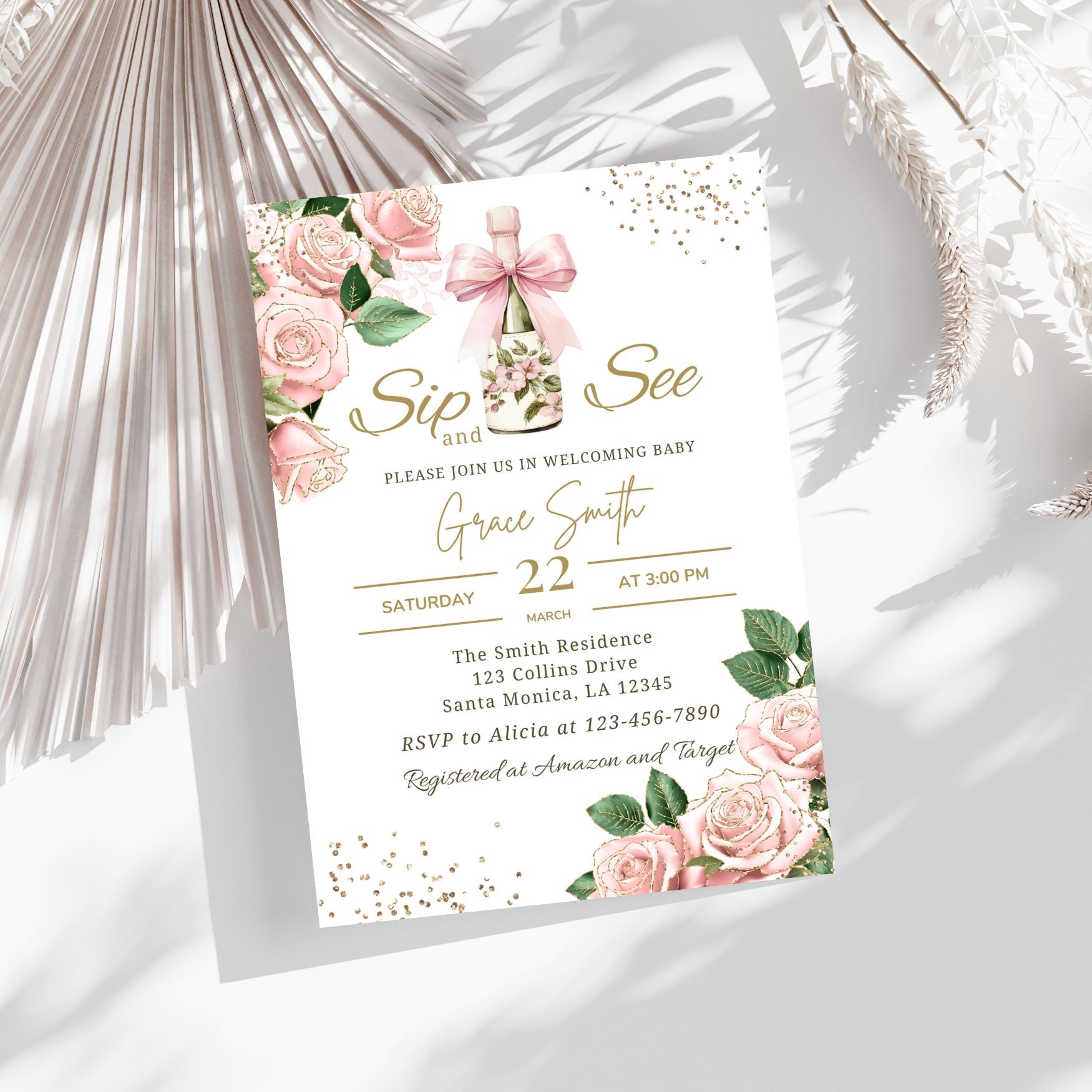 Sip and see Baby shower invitation with floral design on a white background
