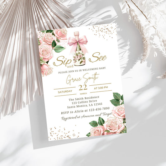Sip and see Baby shower invitation with floral design on a white background
