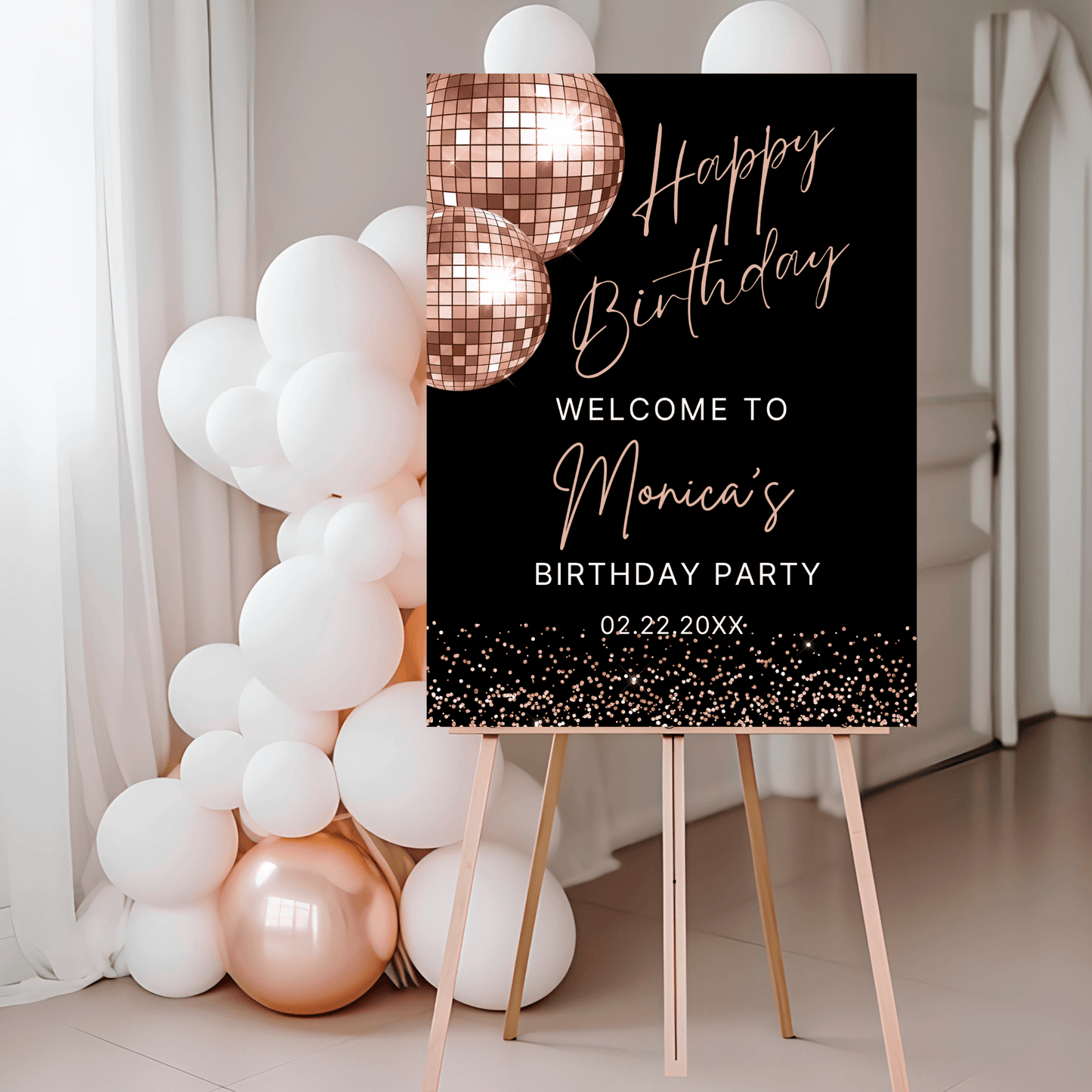 Rose Gold Disco Ball Birthday Welcome Sign, Editable Retro Party Poster, Glam Rose Gold & Black Birthday Sign, Instant Download
