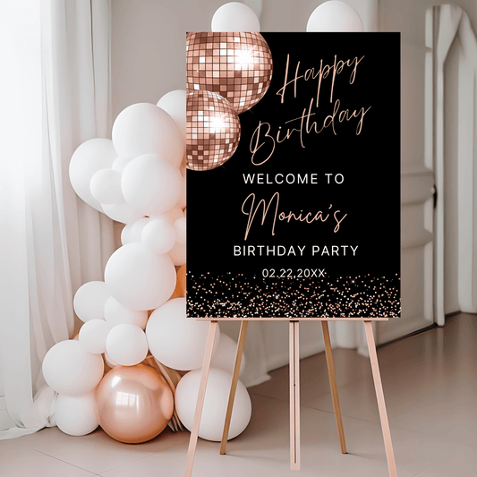 Rose Gold Disco Ball Birthday Welcome Sign, Editable Retro Party Poster, Glam Rose Gold & Black Birthday Sign, Instant Download