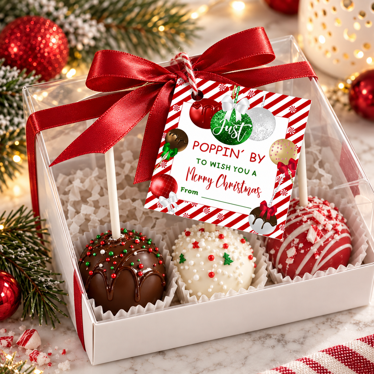 Poppin’ By Christmas Cake Pop Gift Tag on a holiday gift box with chocolate cake pops decorated for Christmas.