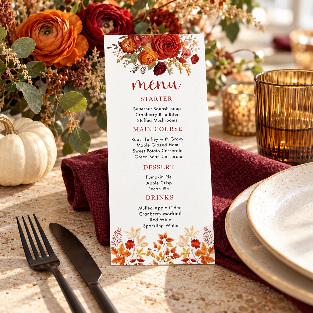 Fall Floral Embroidered effect Menu Card Template with autumn floral design for Thanksgiving dining.