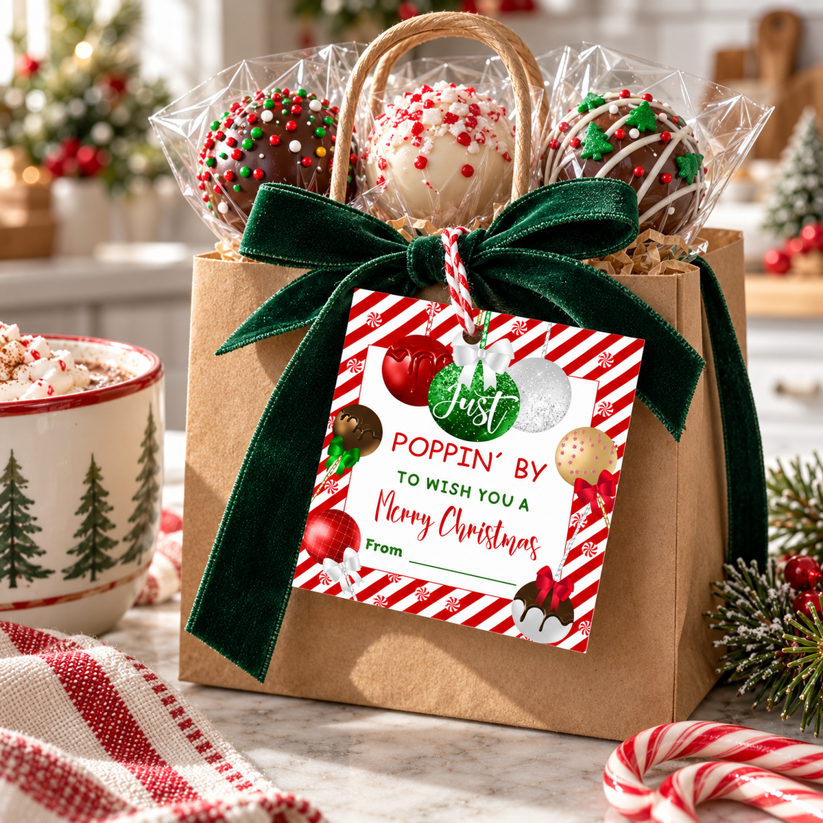 Poppin’ By Christmas Cake Pop Gift Tag attached to a festive gift bag with decorated cake pops for holiday gifting.