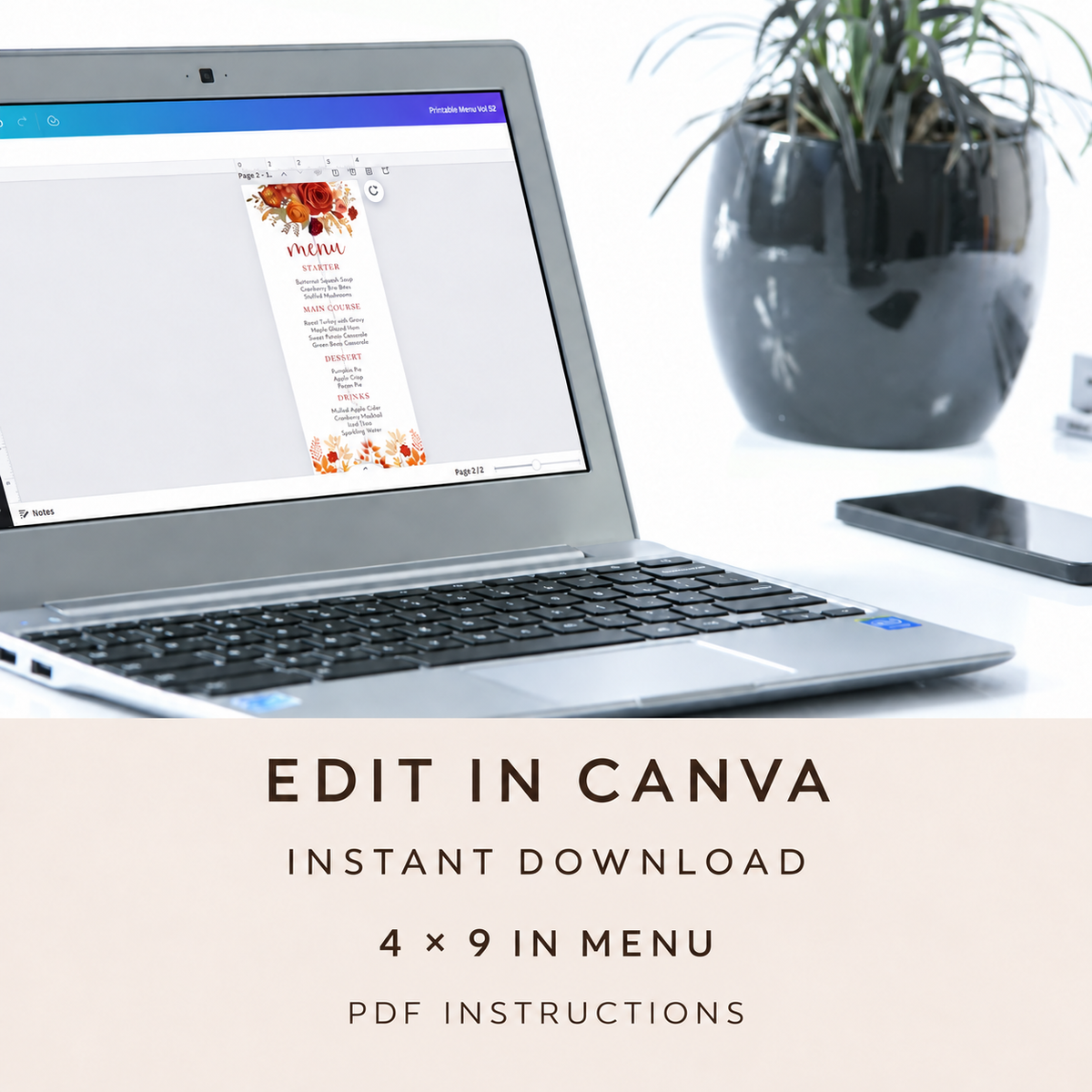 Fall Floral Embroidered effect Menu Card Template on a laptop screen, showcasing editable design in Canva.