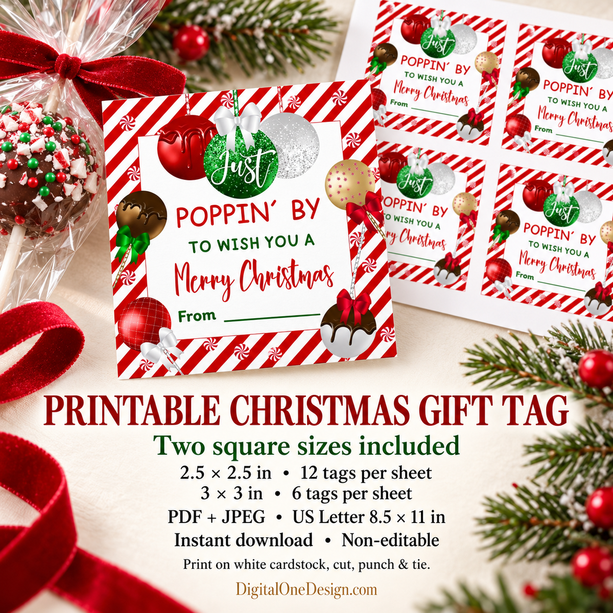 Poppin’ By Christmas Cake Pop Gift Tag design featuring festive colors and decorations, perfect for holiday gift giving.