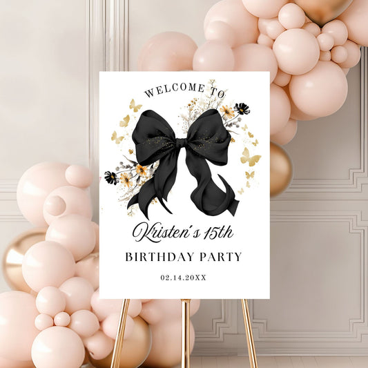 Elegant Black Coquette Bow Wildflower Welcome Sign