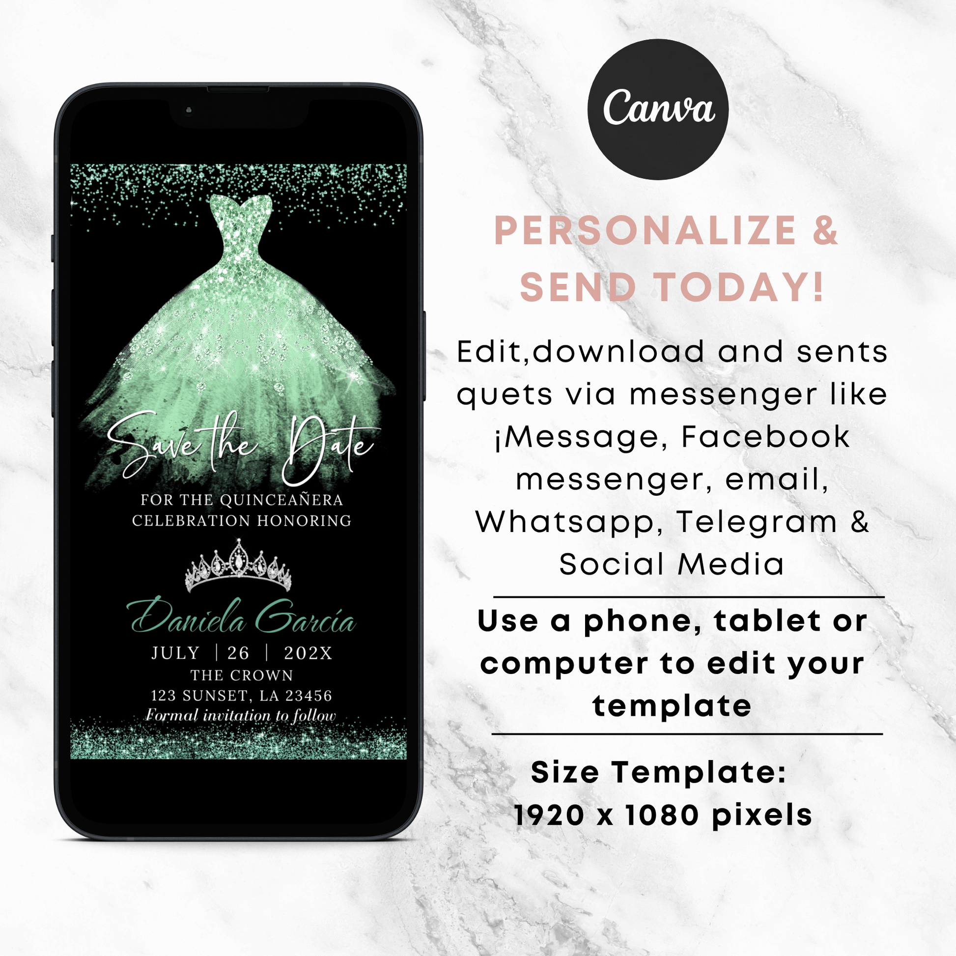 Mint Glitter Quinceañera Save the Date Invitation preview on phone, editable for 15th birthday or Sweet 16 celebration.