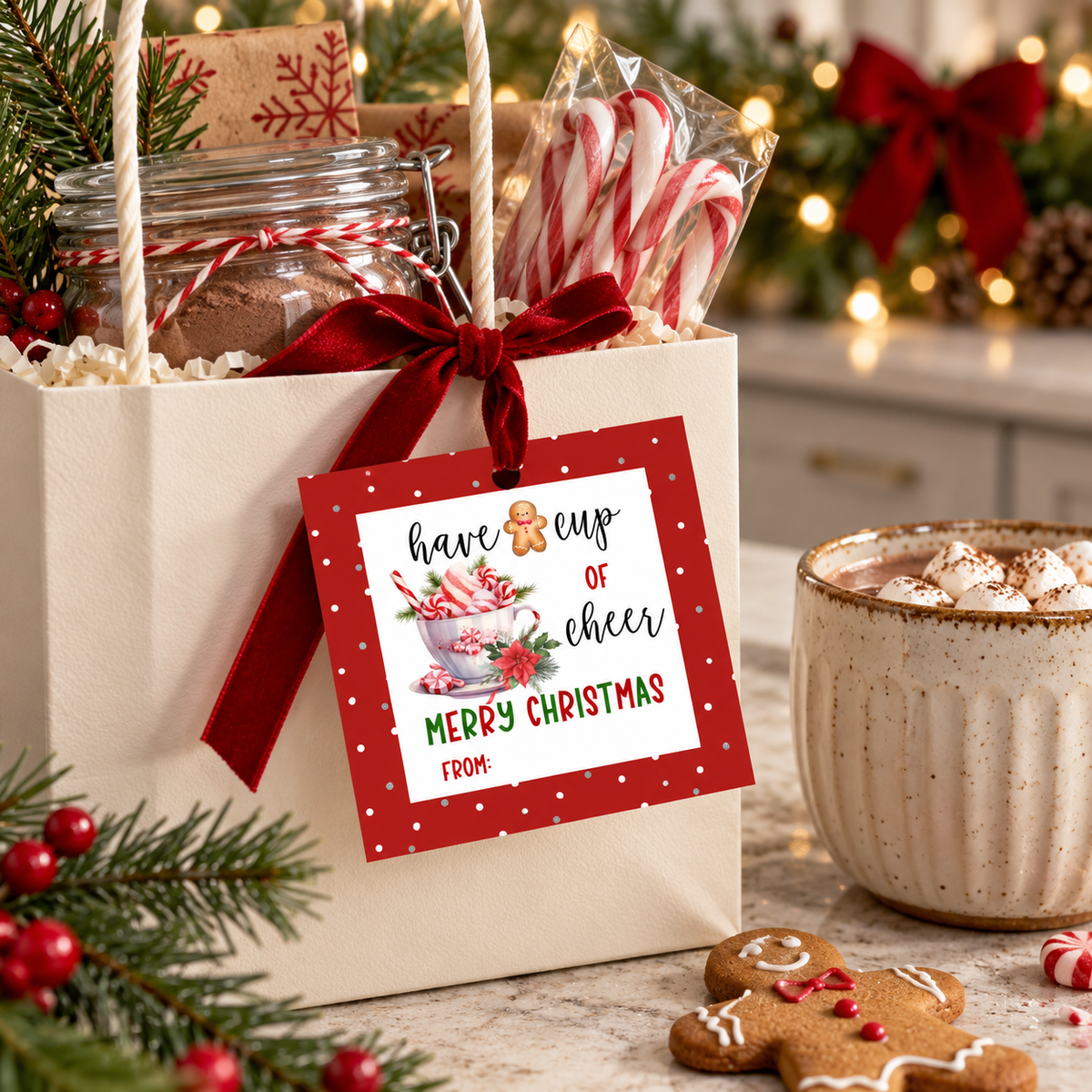 Have a Cup of Cheer Printable Christmas Gift Tag attached to a festive gift box with holiday treats.