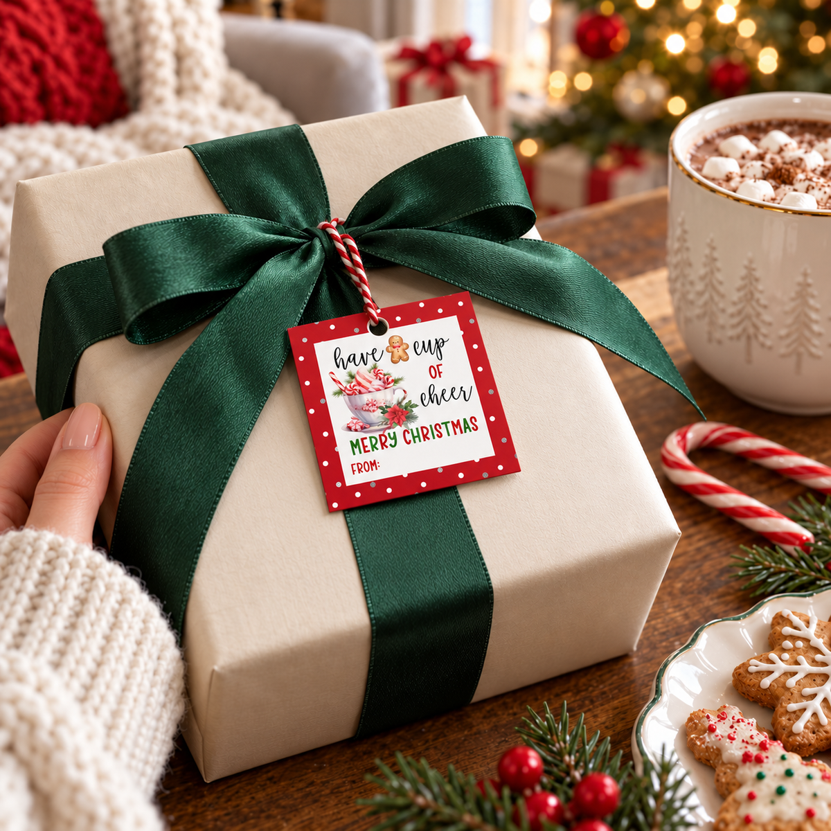 Have a Cup of Cheer Printable Christmas Gift Tag on a wrapped gift with a green ribbon and holiday treats.