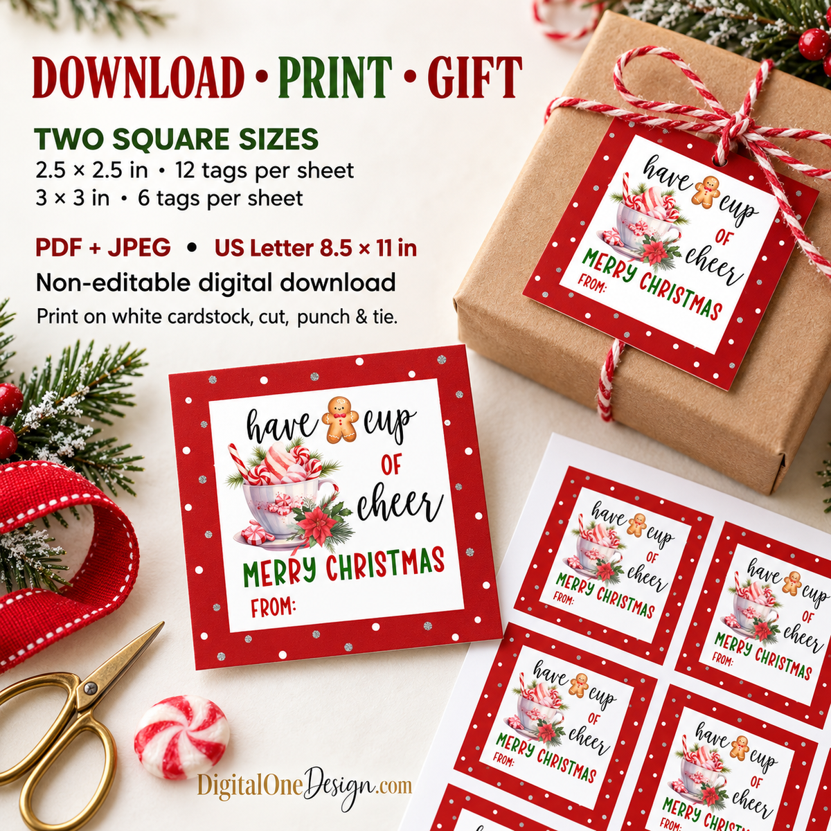 Have a Cup of Cheer Printable Christmas Gift Tag on gift box with festive design and peppermint cup details.