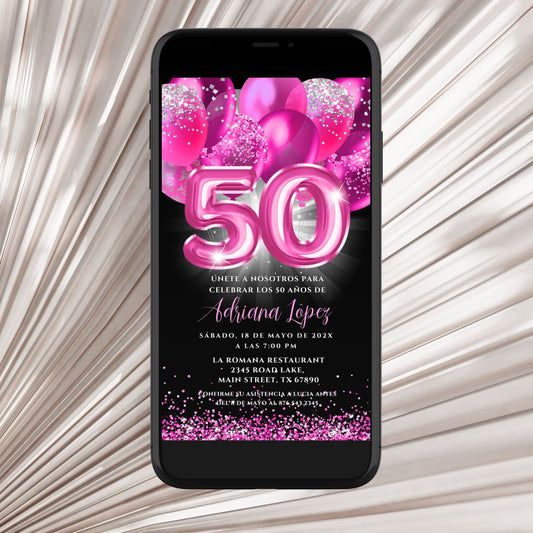 Phone displaying a birthday invitation with pink balloons and number '50' on a light background