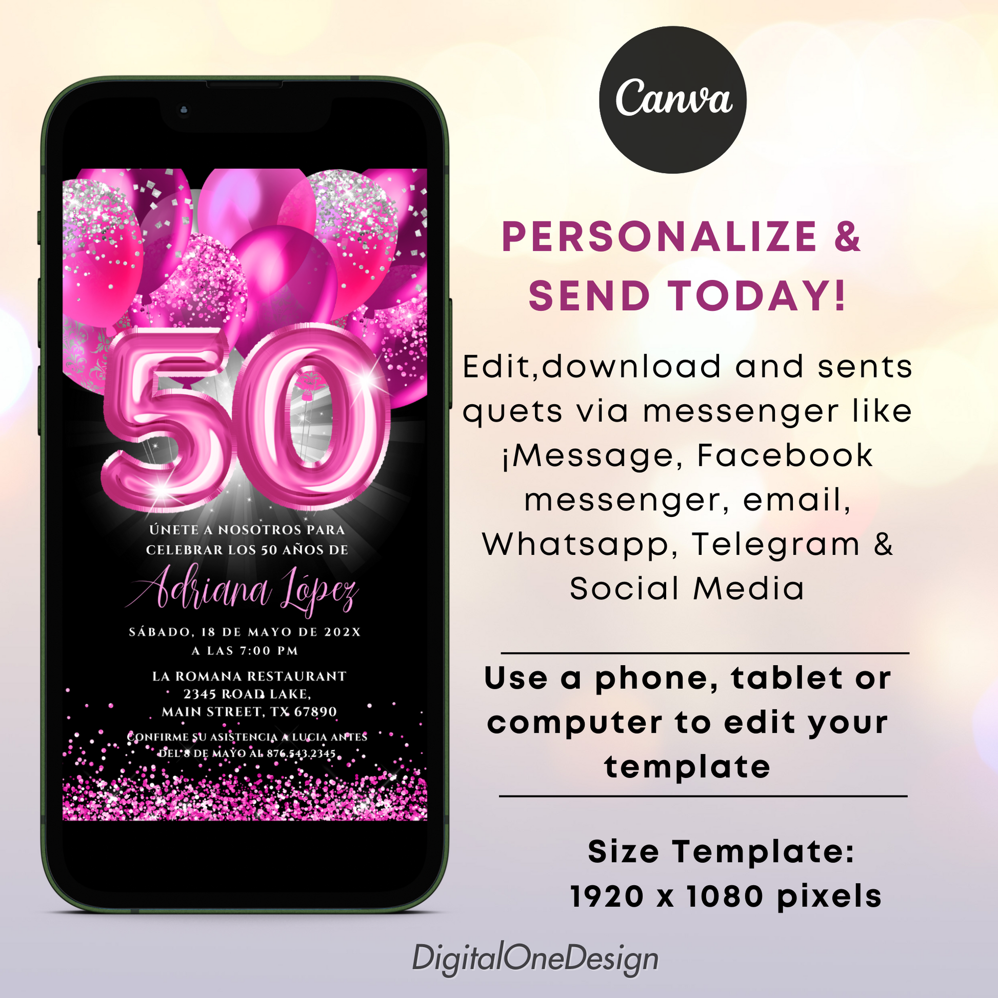 Phone with a birthday invitation on screen, featuring pink numbers '50' and text.