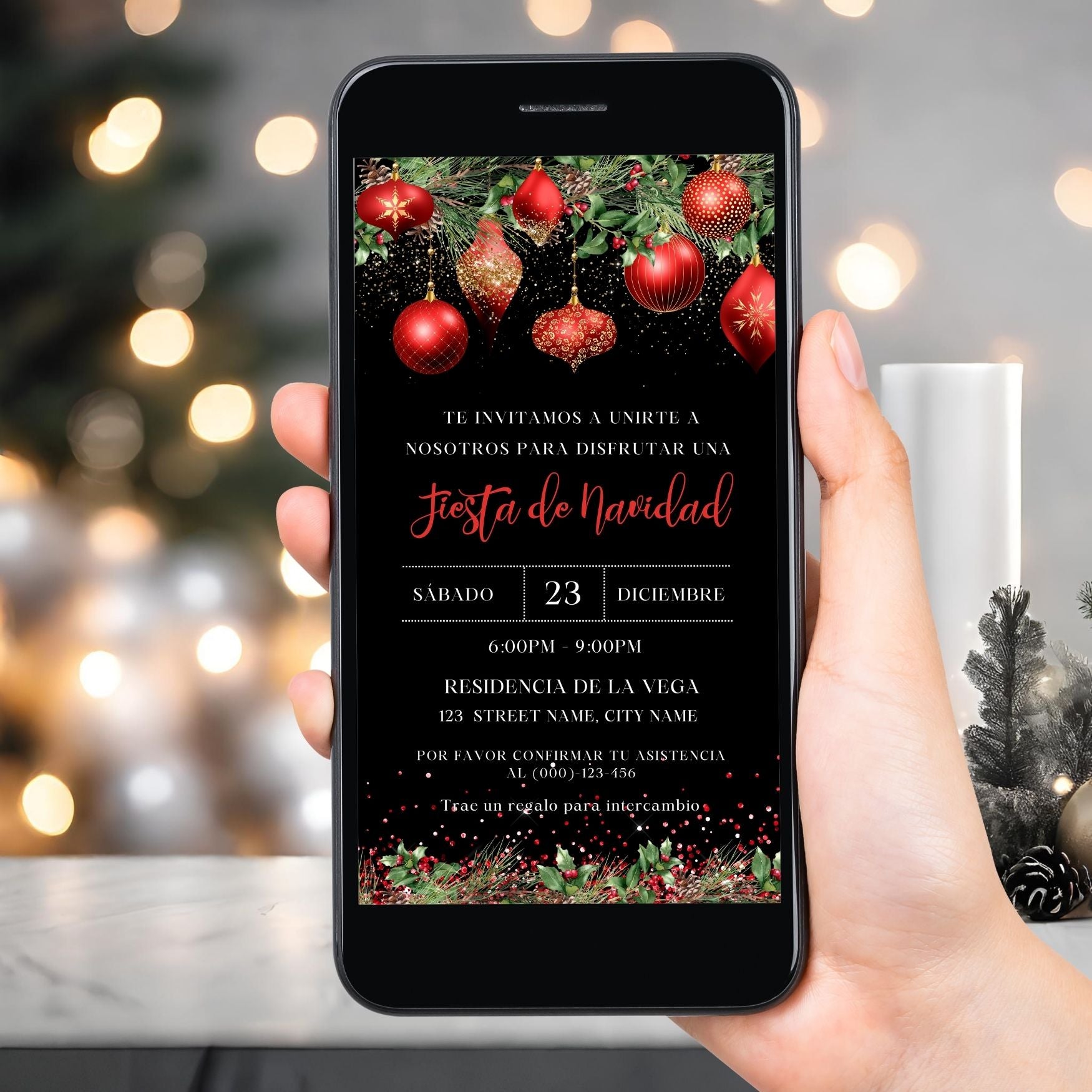 Elegant Spanish Christmas party invitation with red Ornaments