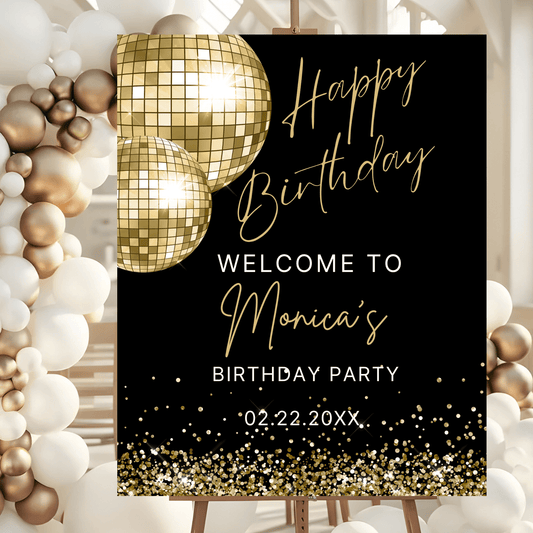 Gold Disco Ball Birthday Welcome Sign, Retro Black & Gold Party Poster, Happy Birthday Sign for Any Age, Instant Download