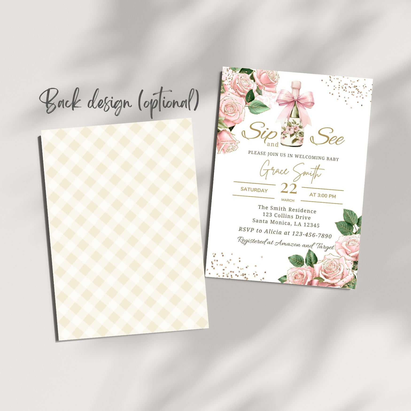 Sip and see Baby shower invitation with floral design and checkered back design on a gray background