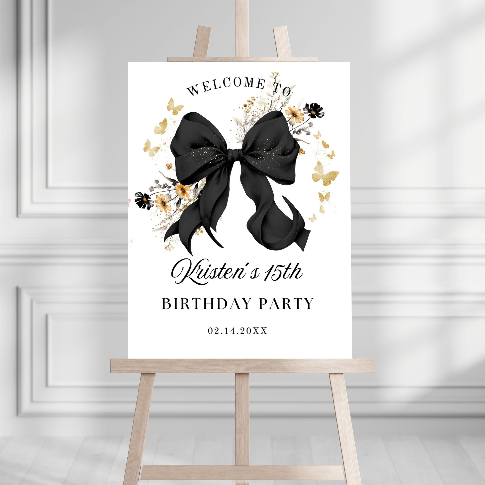 Elegant Black Coquette Bow Wildflower Welcome Sign