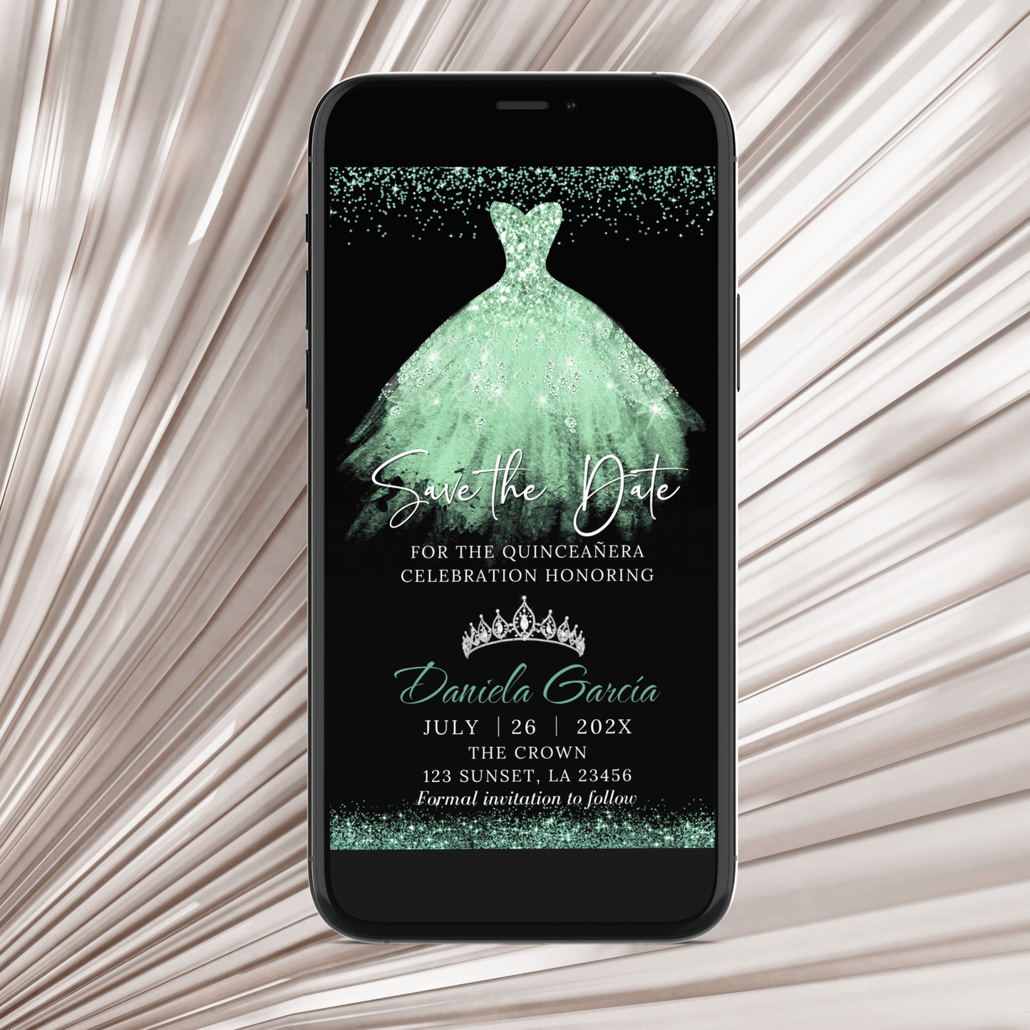 Mint Glitter Quinceañera Save the Date Invitation displayed on smartphone for 15th Birthday or Sweet 16.