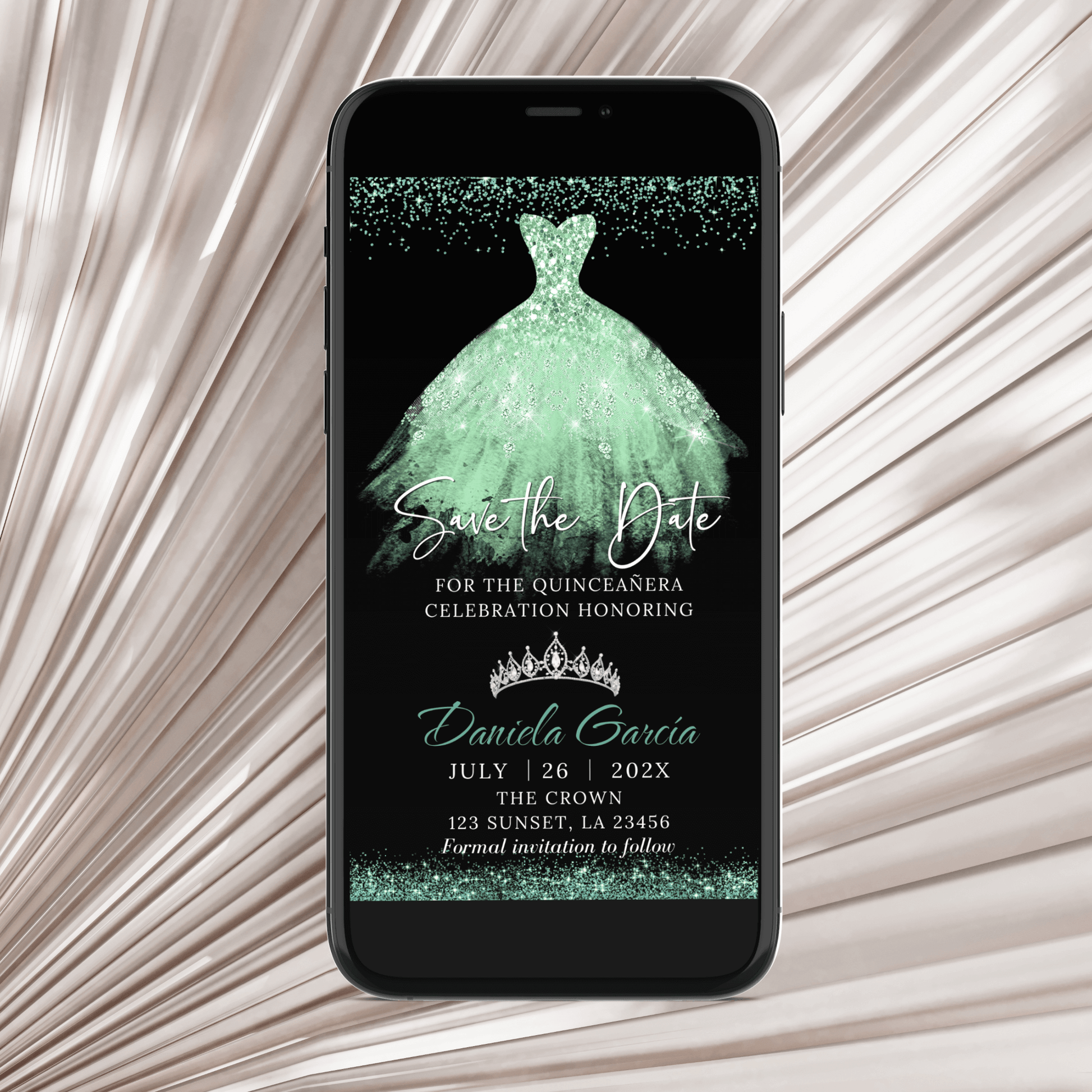 Mint Glitter Quinceañera Save the Date Invitation displayed on smartphone for 15th Birthday or Sweet 16.