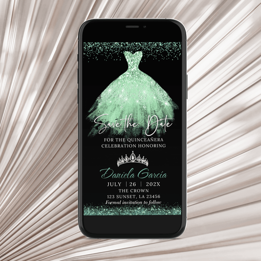 Mint Glitter Quinceañera Save the Date Invitation displayed on smartphone for 15th Birthday or Sweet 16.