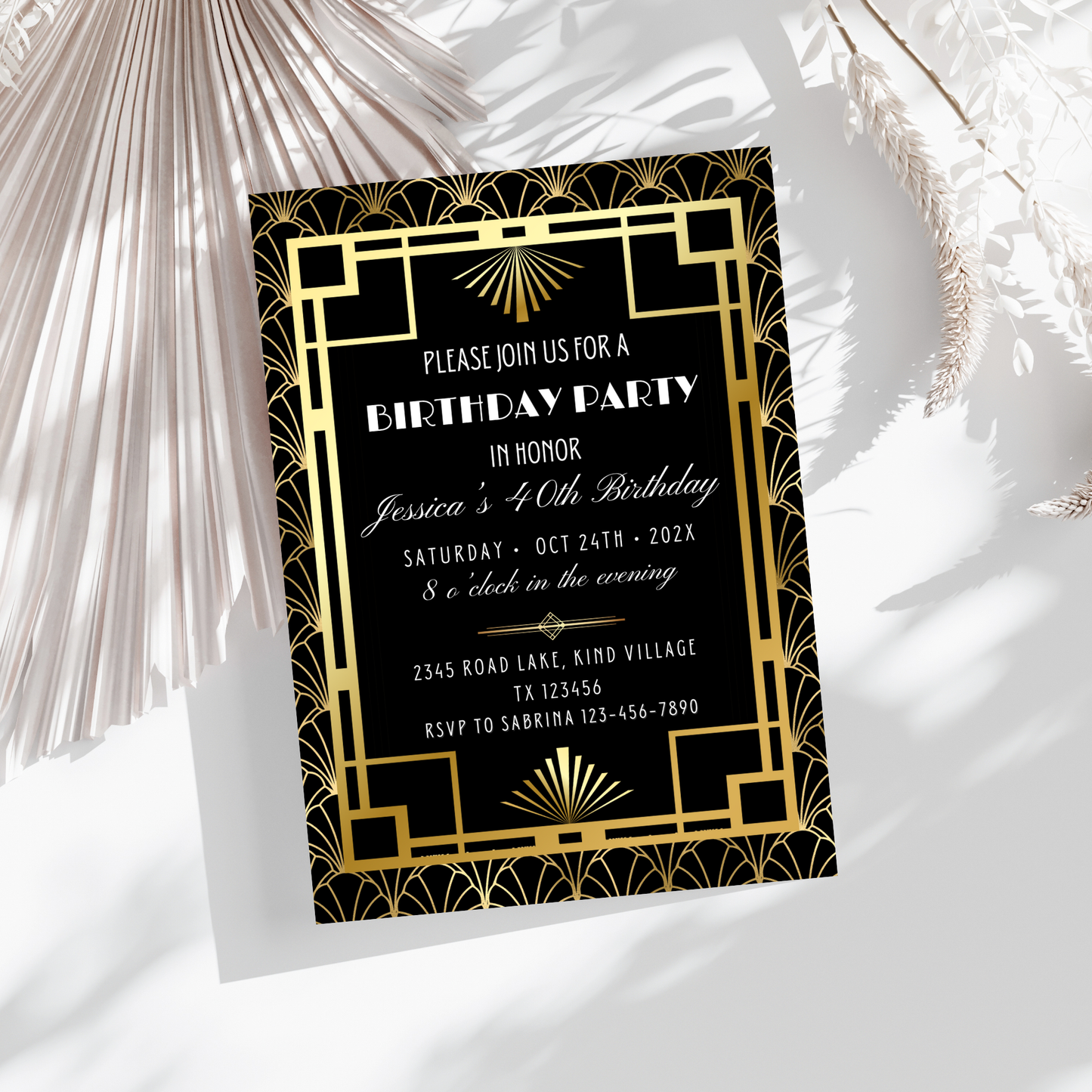 Elegant Gold and Black Art Deco Birthday Invitation