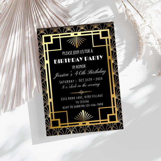 Elegant Gold and Black Art Deco Birthday Invitation