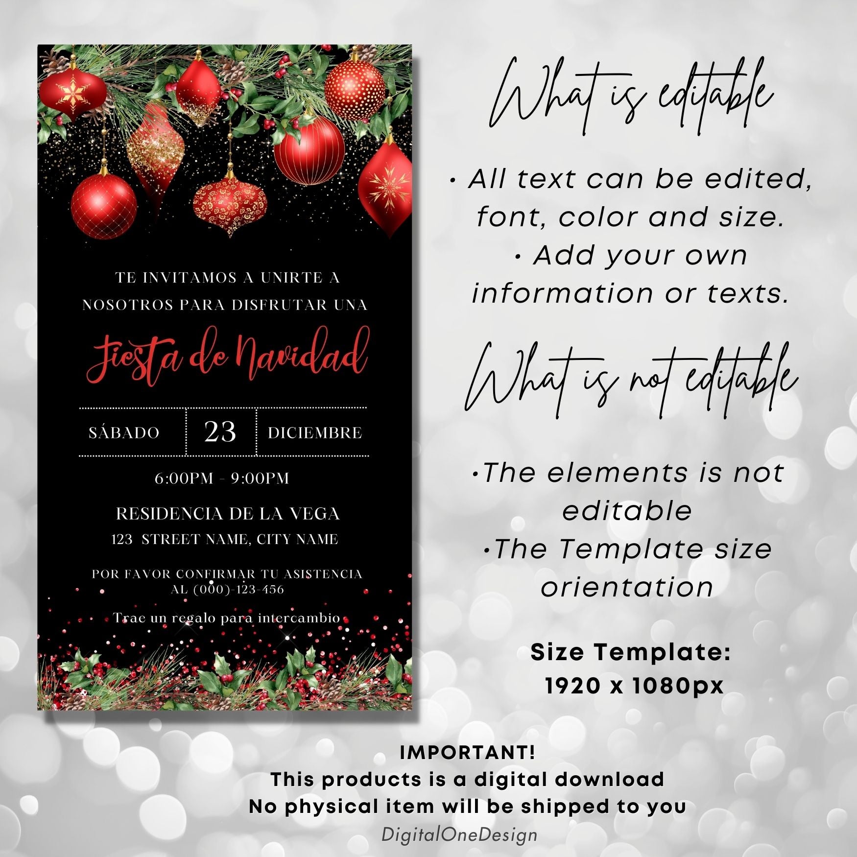 Editable Red Ornaments Christmas party invitation Template in Canva