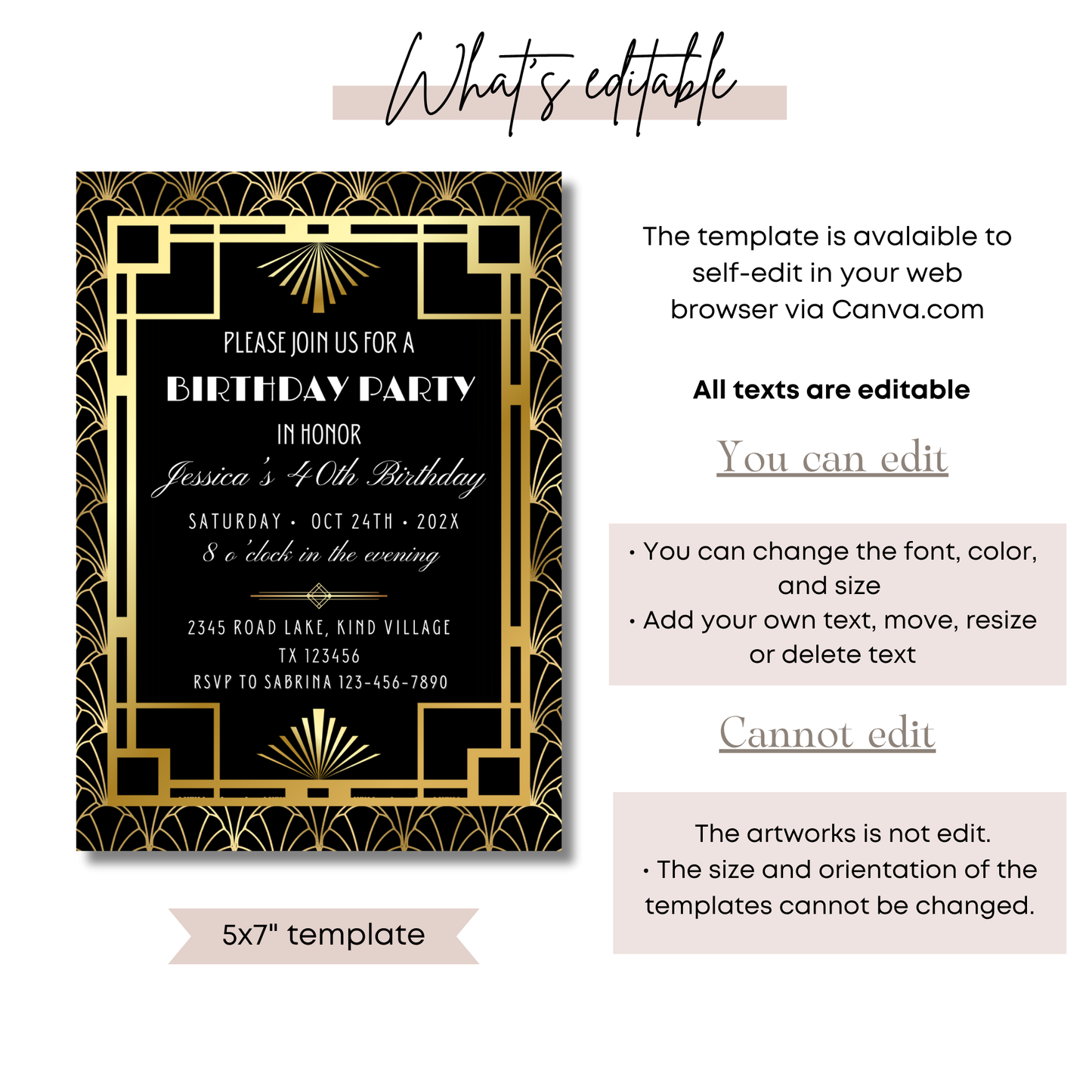 Elegant Gold and Black Art Deco Birthday Invitation