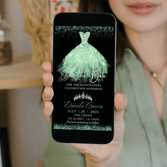Mint Glitter Quinceañera Save the Date invitation on a phone, featuring a green dress design and elegant details.