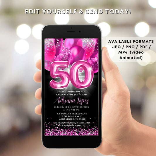 Hand holding a phone displaying a birthday invitation with pink balloons and the number 50.