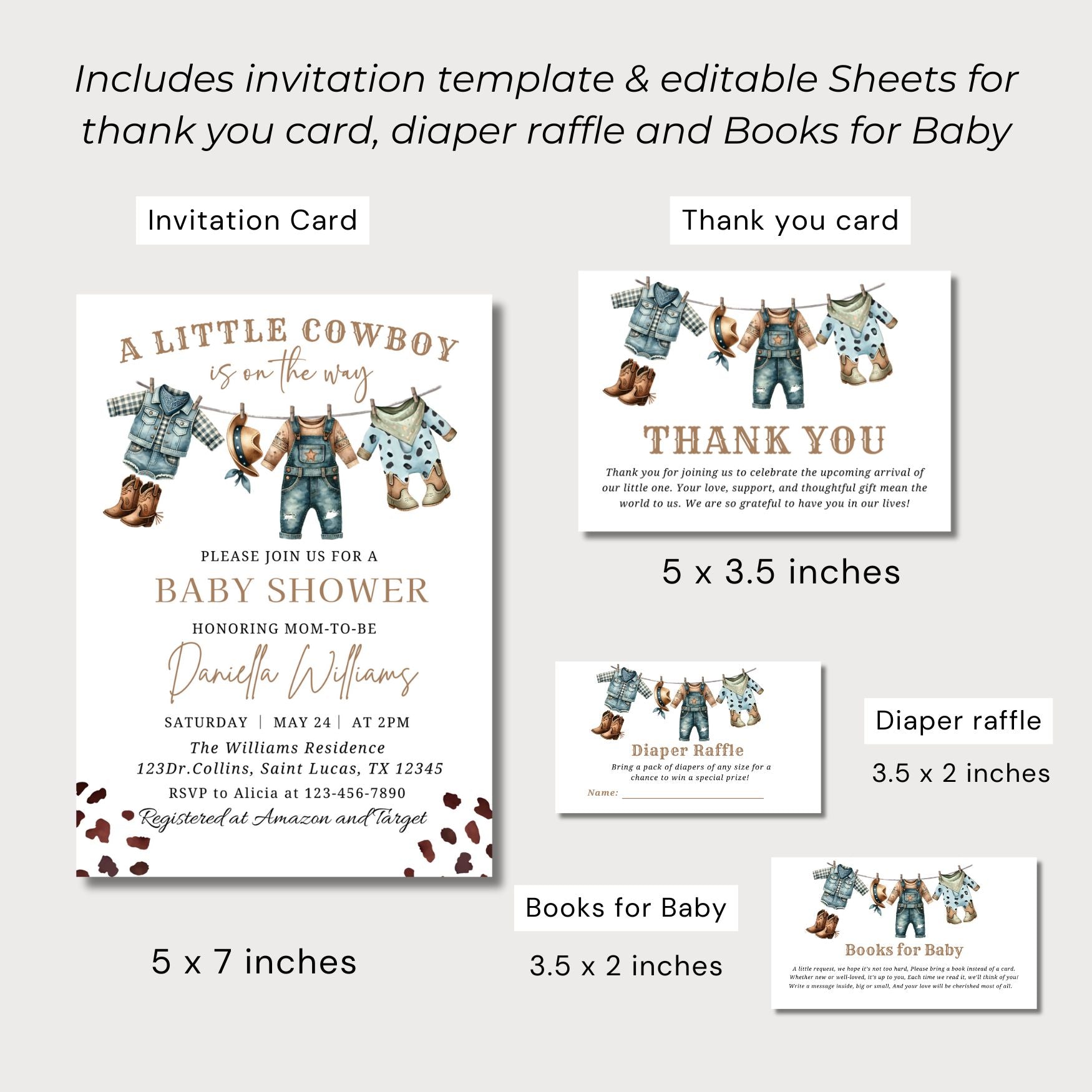 Baby shower invitation set with invitation card, thank you card, diaper raffle, and books for baby on a white background.
