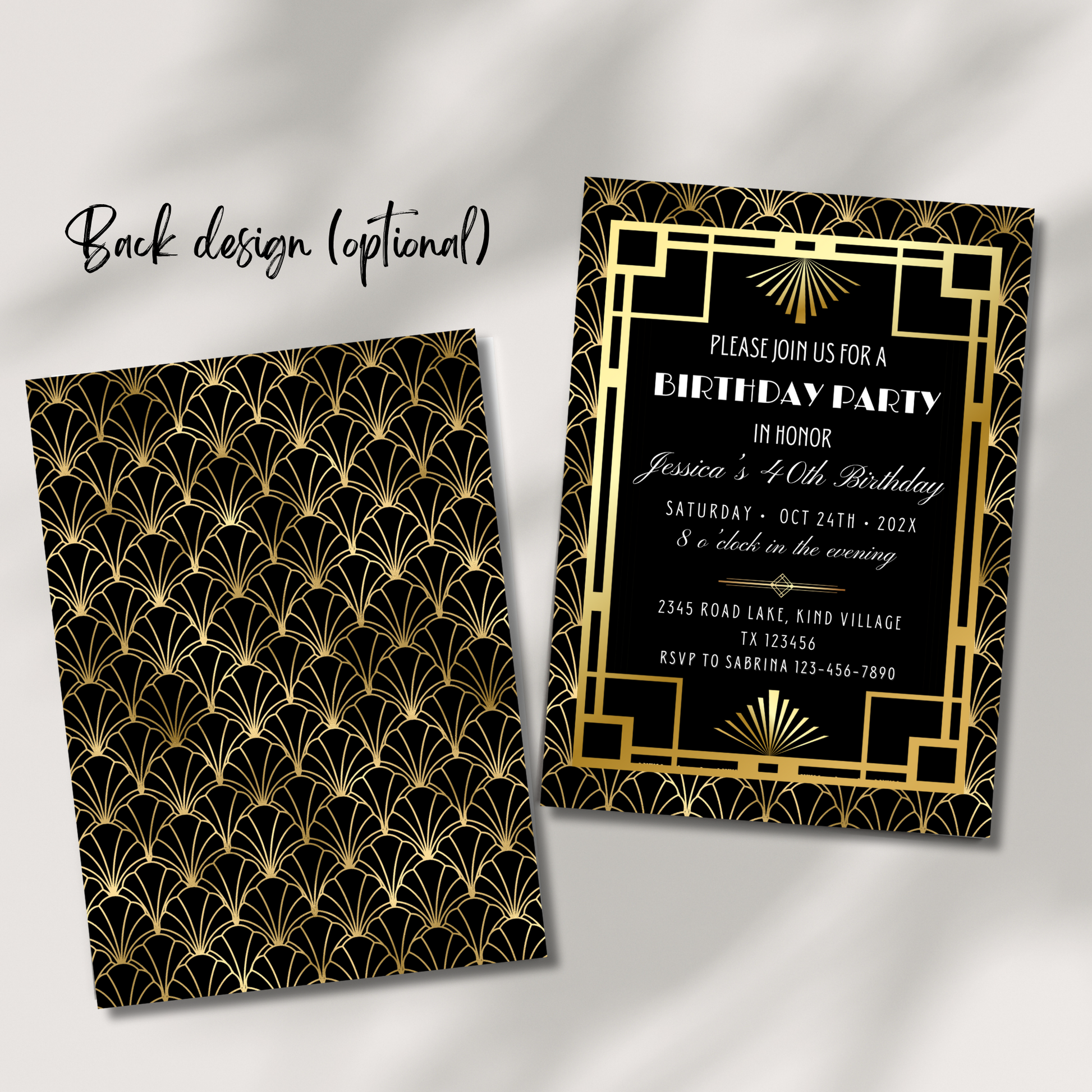 Elegant Gold and Black Art Deco Birthday Invitation