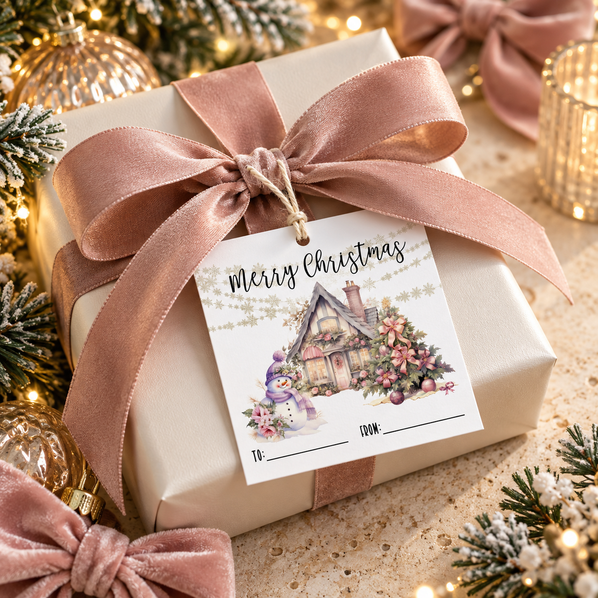 Merry Christmas Printable Gift Tags showcased on a beautifully wrapped gift with a pink ribbon and festive decorations.
