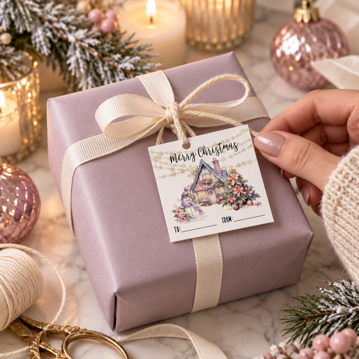 Merry Christmas Printable Gift Tags attached to a beautifully wrapped gift in pastel colors with holiday decorations.
