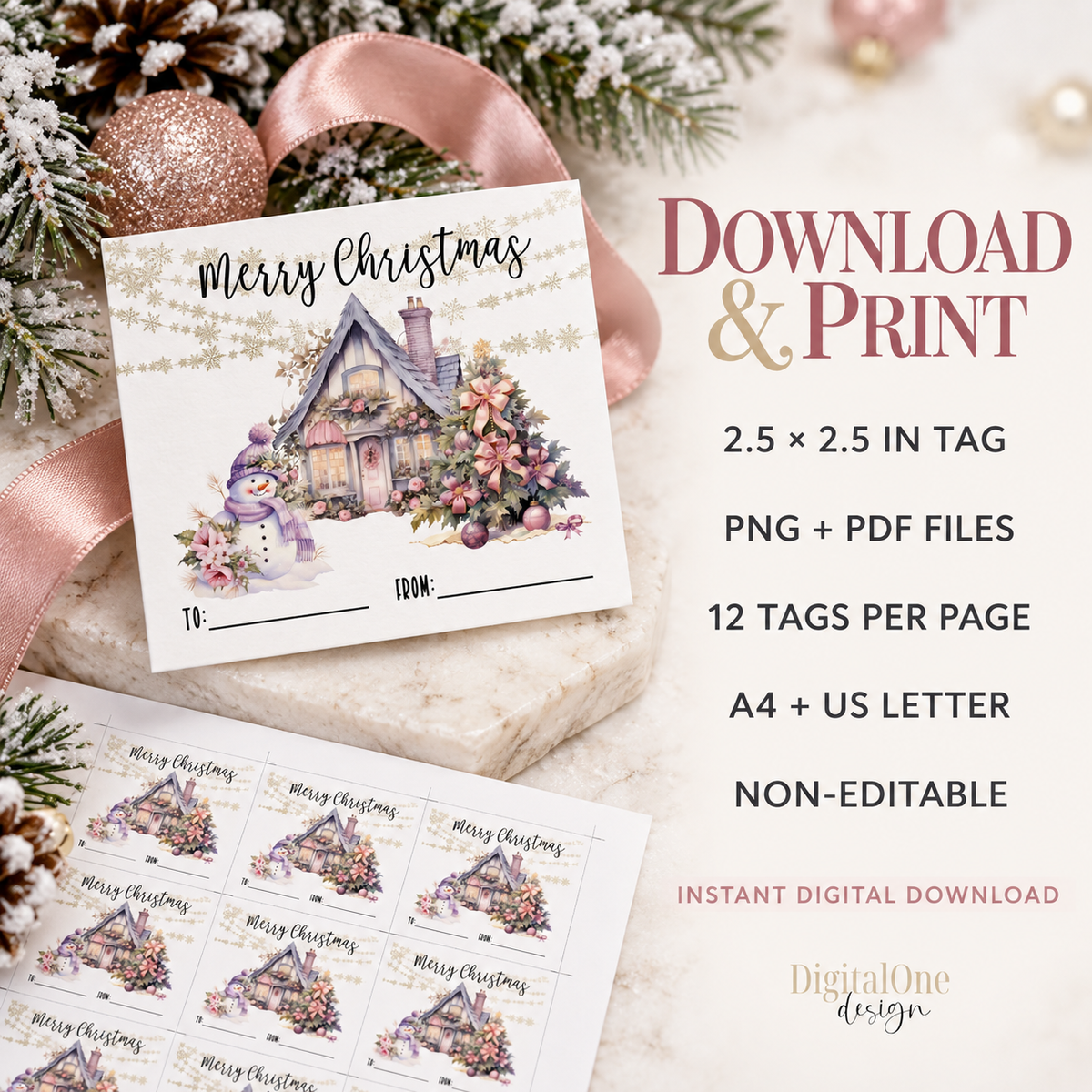 Merry Christmas Printable Gift Tags featuring watercolor snowman and winter cottage design, ideal for holiday gifting.