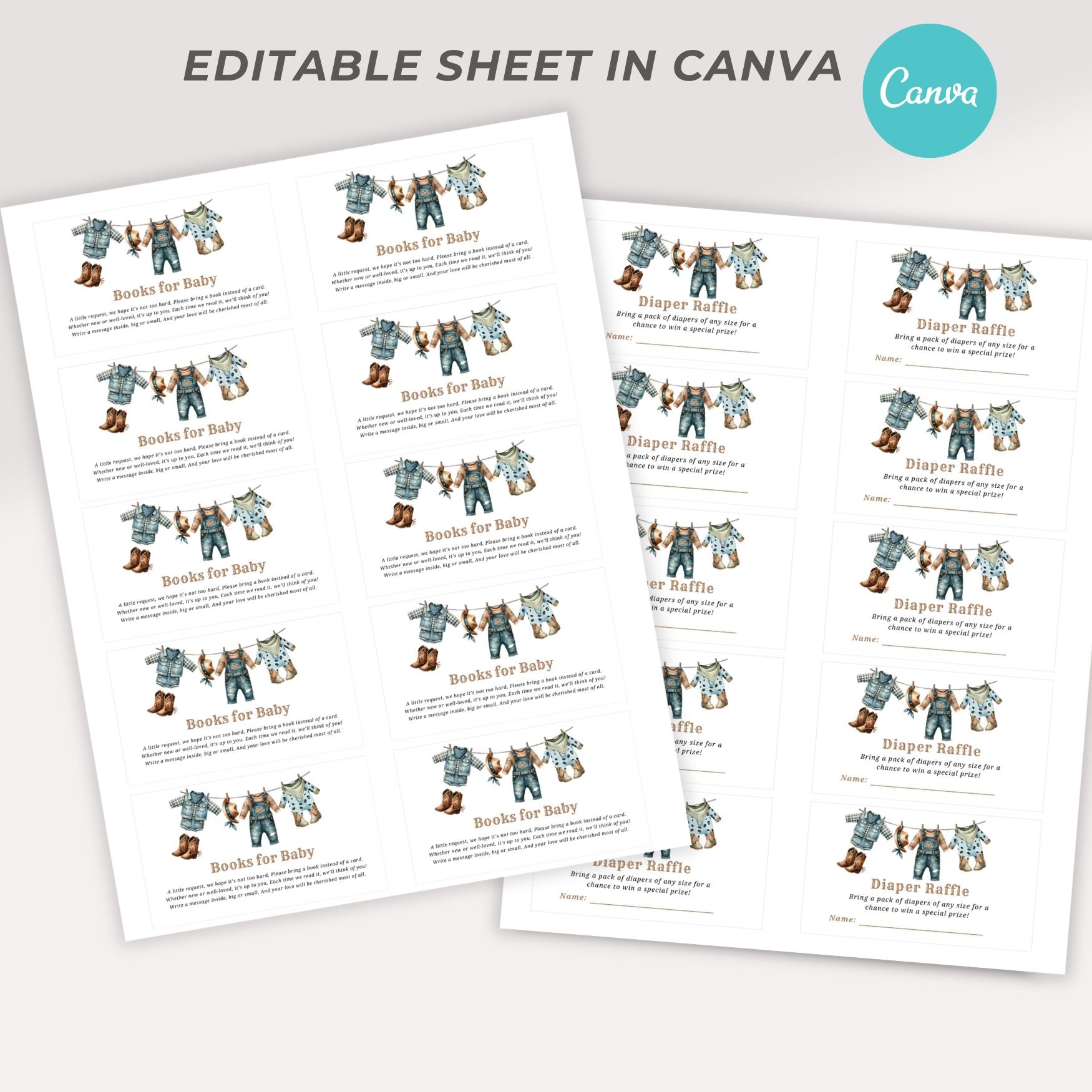 Two sheets of baby shower raffle and Books fo baby cards with illustrations and text on a white background, featuring the Canva logo.