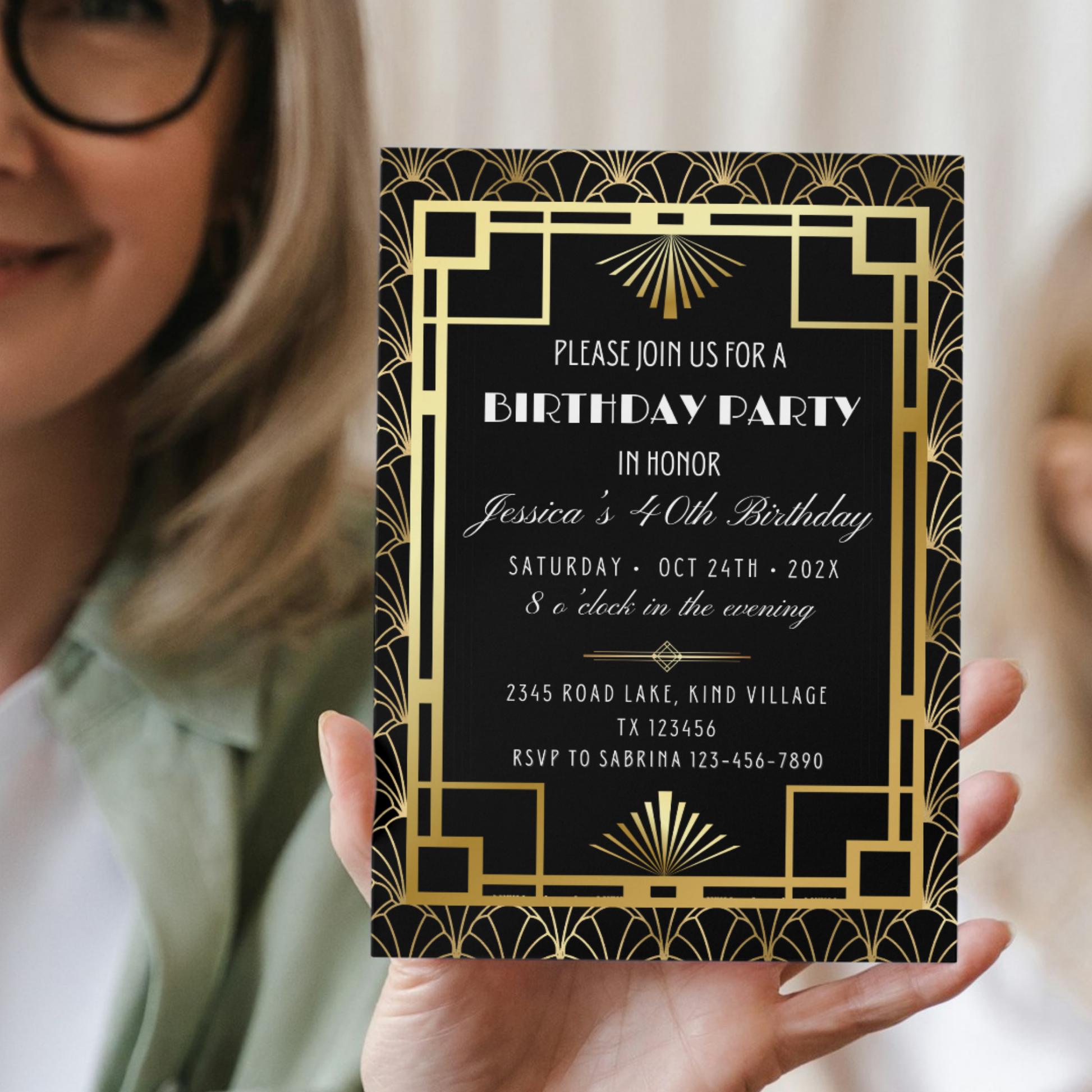 Elegant Gold and Black Art Deco Birthday Invitation