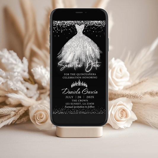 White and Silver Princess Dress Save the Date Invitation Template